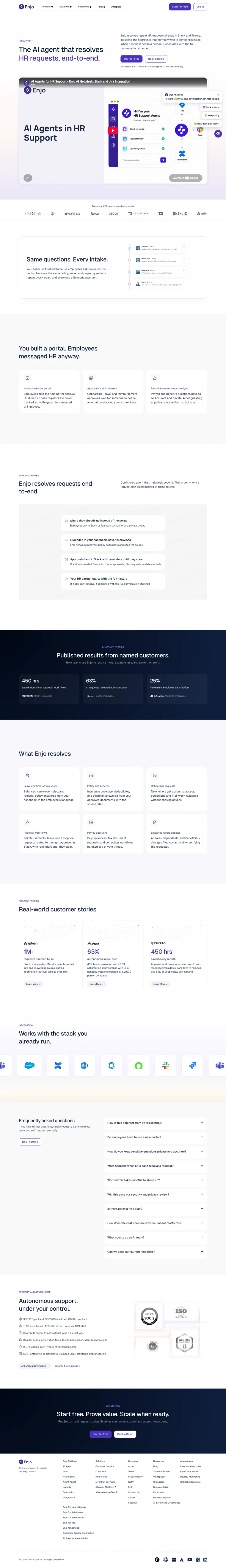 Enjo AI HR support page, full page