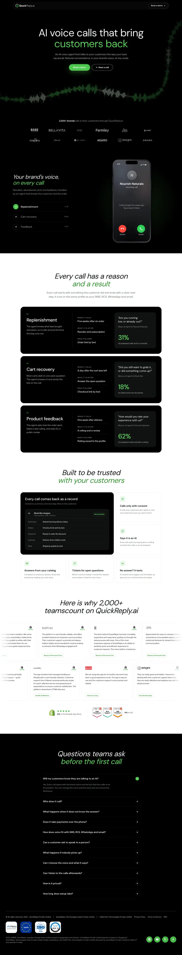 QuickReply.ai Voice AI product page, full page
