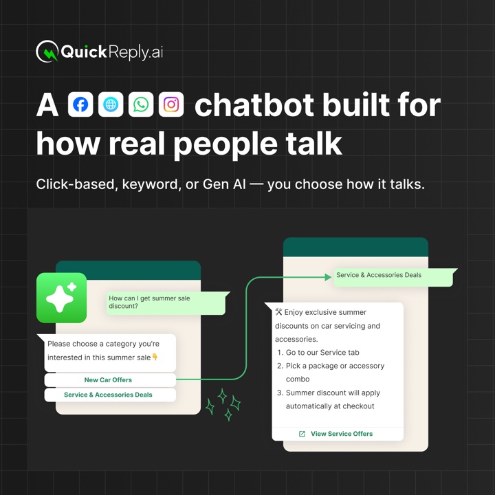 QuickReply.ai ad: a chatbot built for how real people talk, across Facebook, web, WhatsApp and Instagram