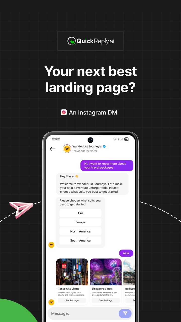 QuickReply.ai story ad: your next best landing page? An Instagram DM