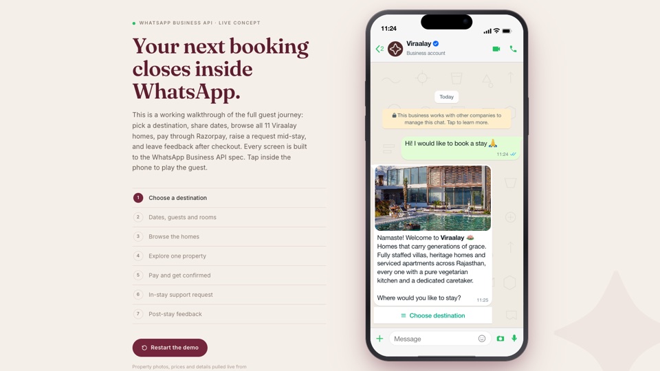 Viraalay WhatsApp booking demo: a phone playing the booking flow